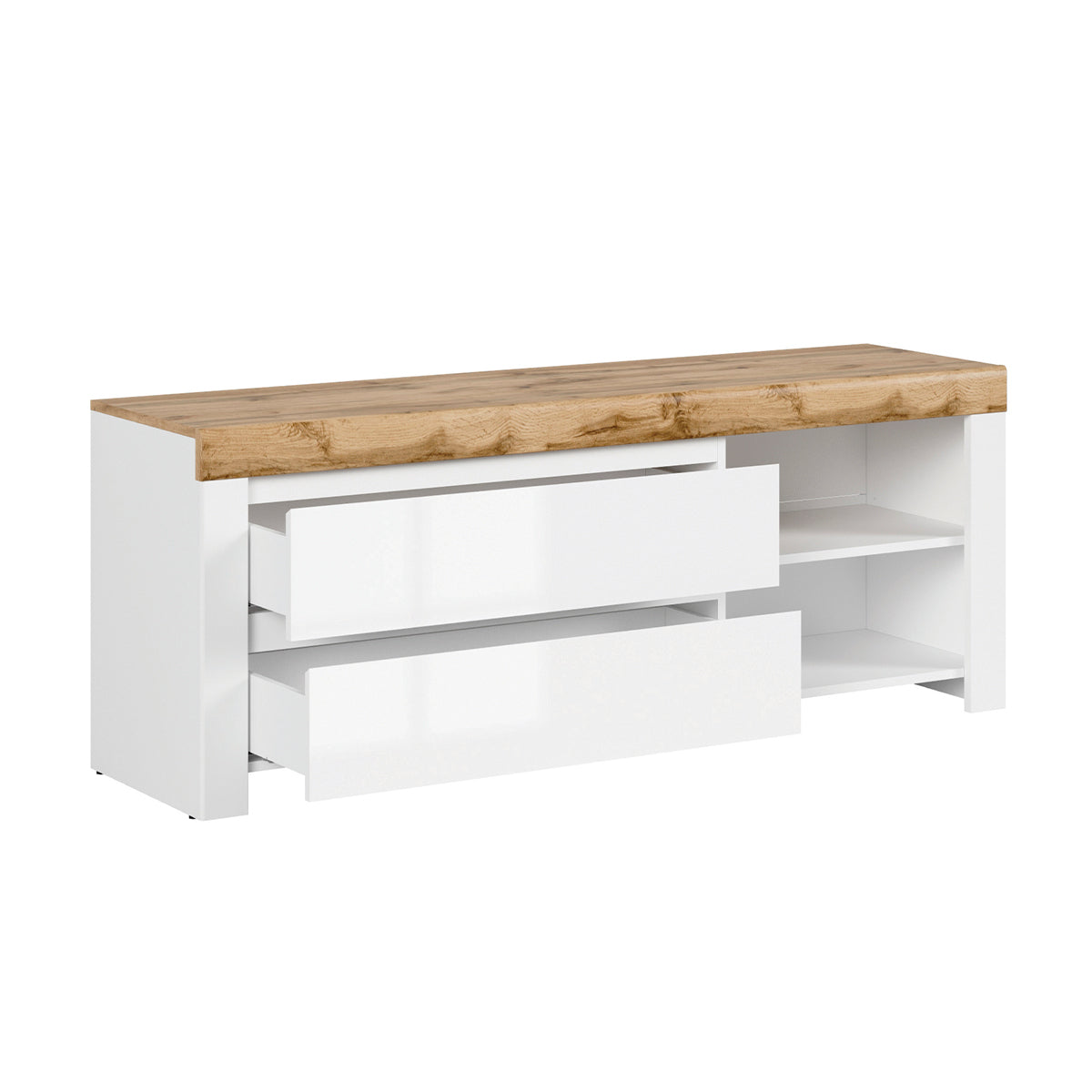 Meuble TV 2 tiroirs 156 cm Hella Blanc et Bois - vue 3
