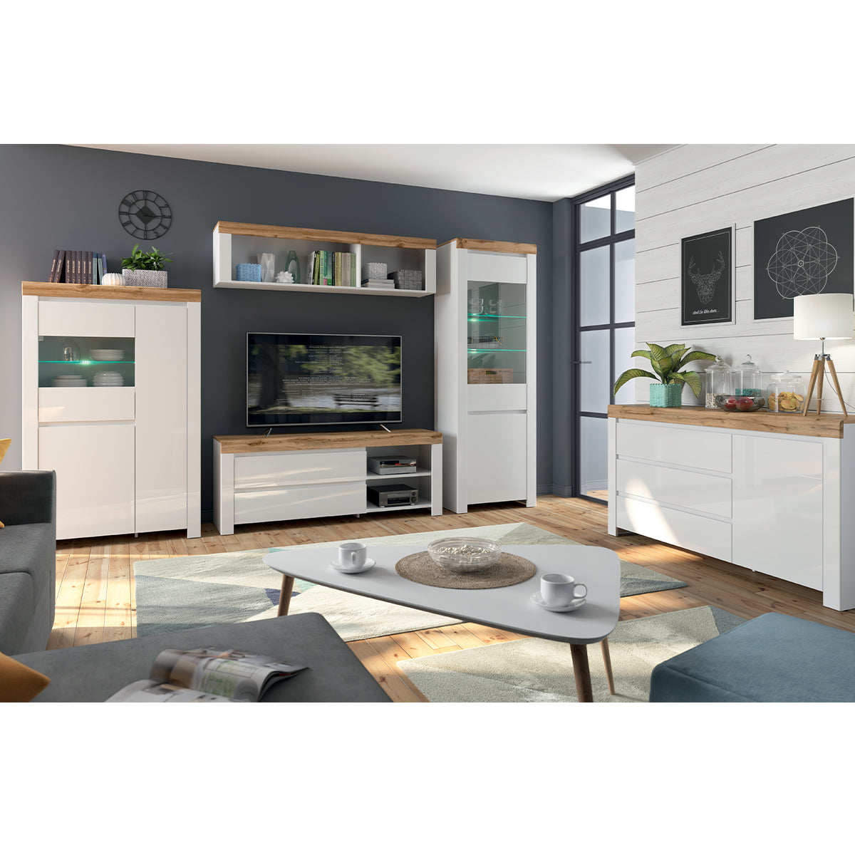 Meuble TV 2 tiroirs 156 cm Hella Blanc et Bois - vue 6