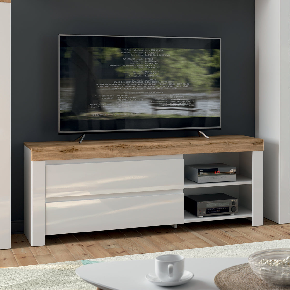Meuble TV 2 tiroirs 156 cm Hella Blanc et Bois - vue 5