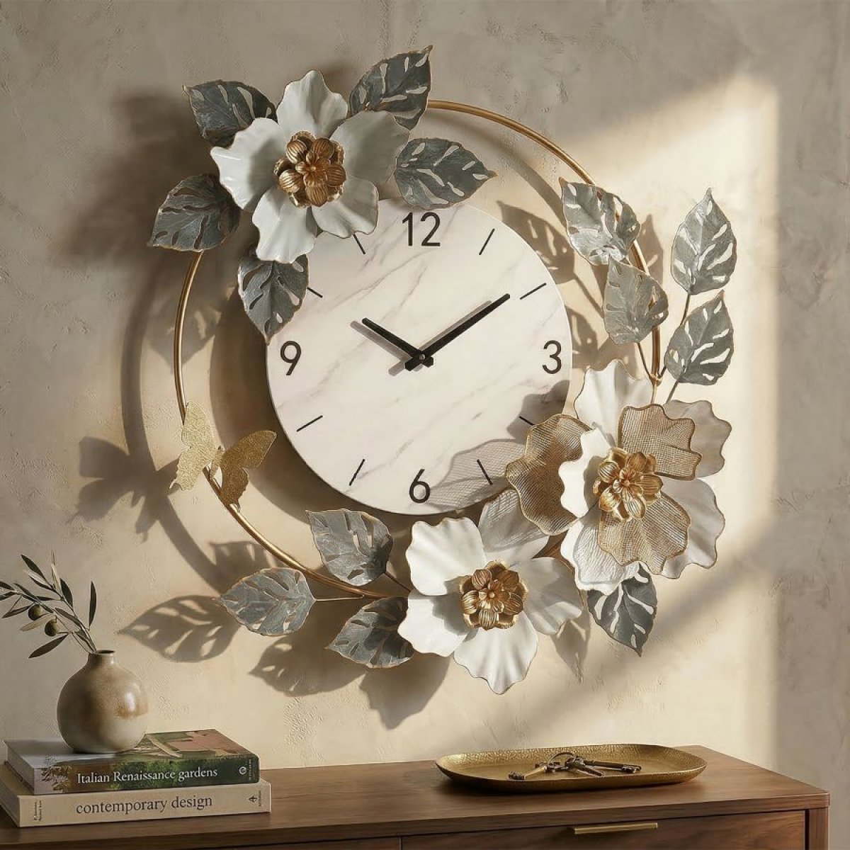 Horloge murale 64 cm Acanthe Blanc et Argenté