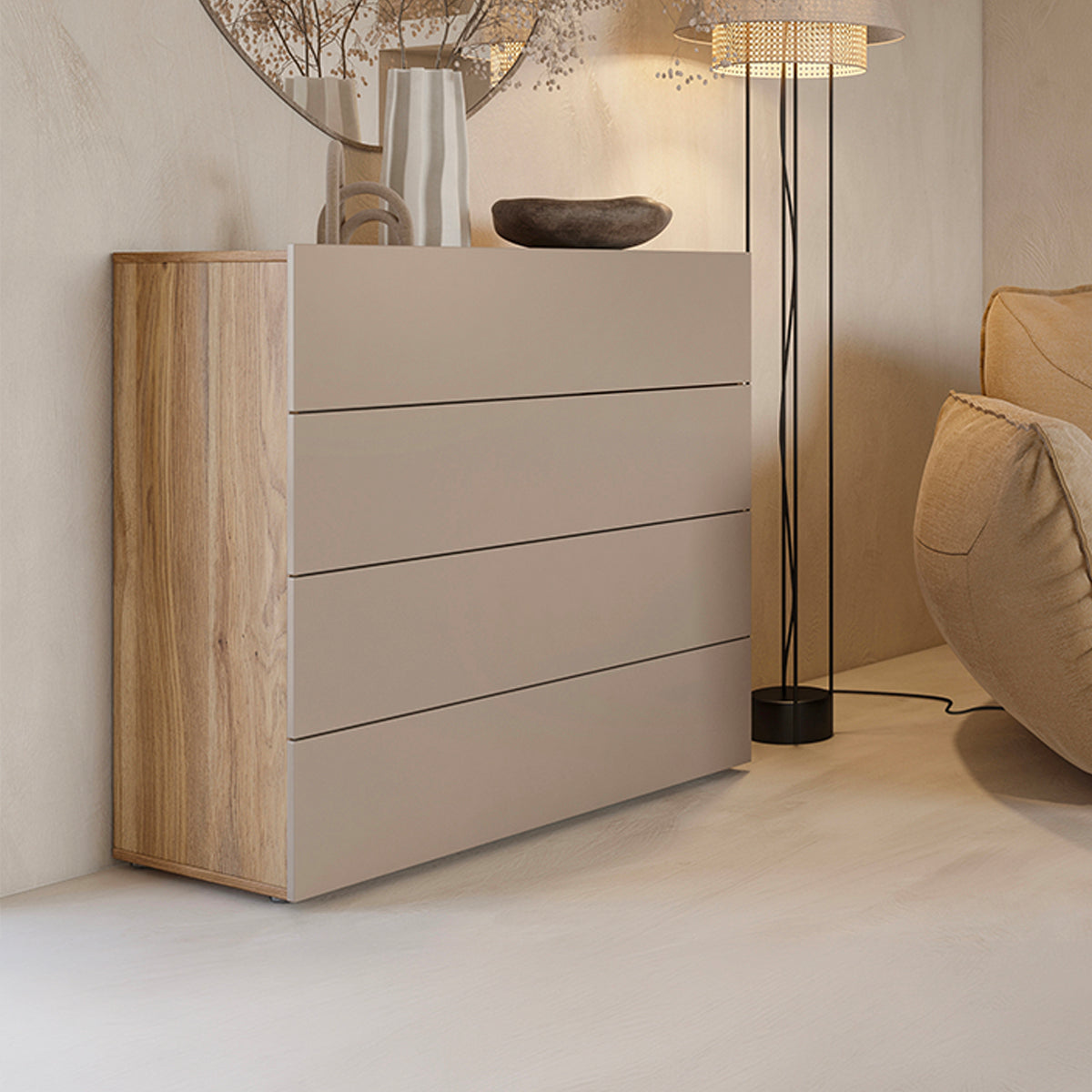 Commode 4 tiroirs Iséa Taupe et Bois - vue 2