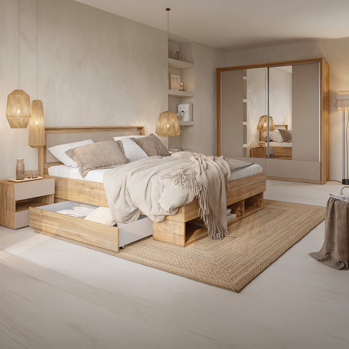 Lit 180x200 2 tiroirs sommier et LED inclus Iséa Bois et Taupe - vue 3