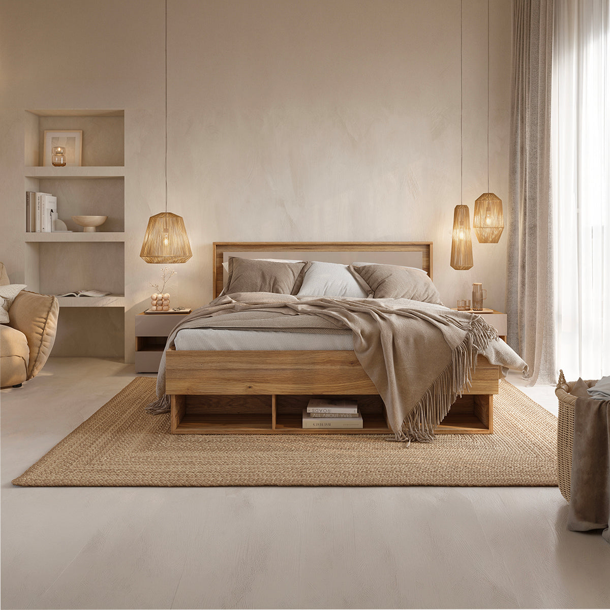Lit 180x200 2 tiroirs sommier et LED inclus Iséa Bois et Taupe - vue 6