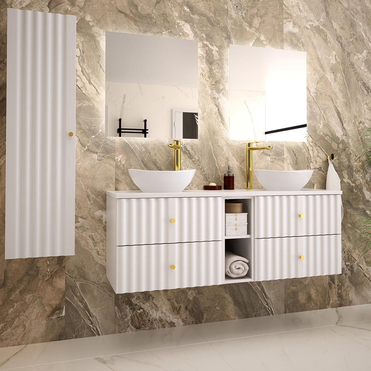 Meuble double vasque 140cm 2 niches Izae Blanc - vue 5