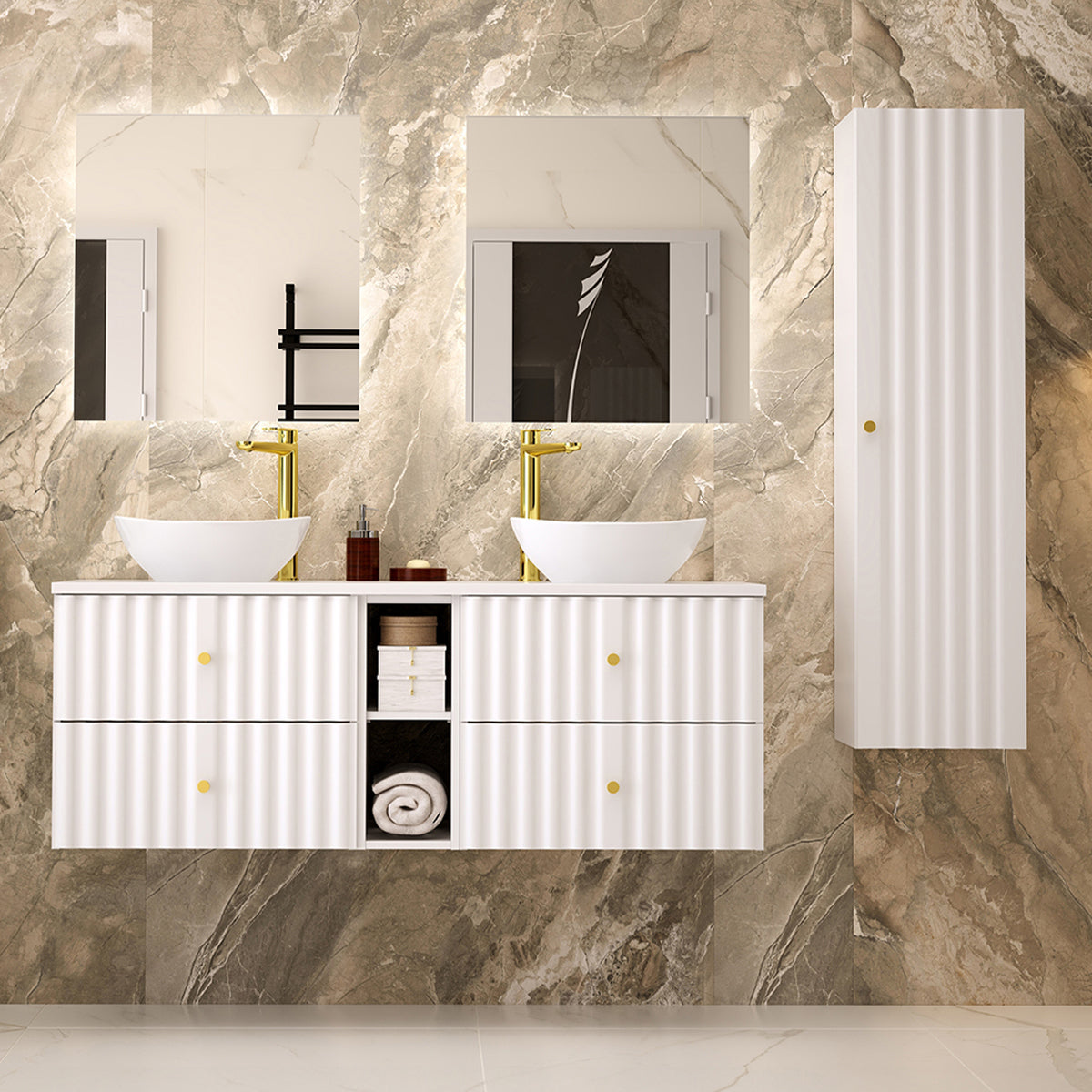 Meuble double vasque 140cm 2 niches Izae Blanc - vue 6