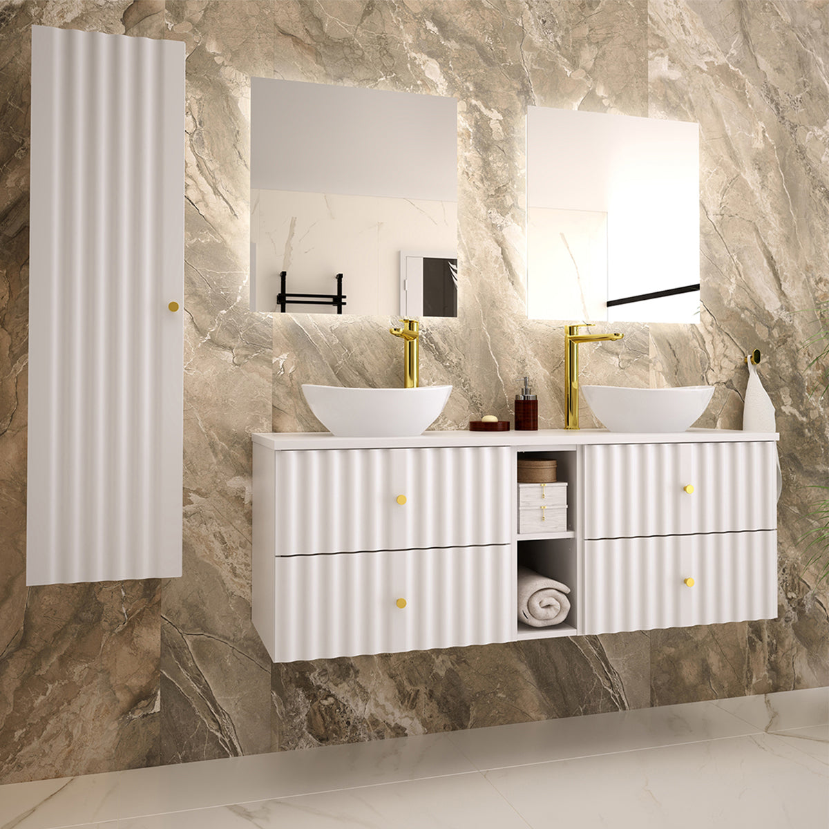 Meuble sous-vasque 140cm 2 niches plan de toilette Izae Blanc - vue 5