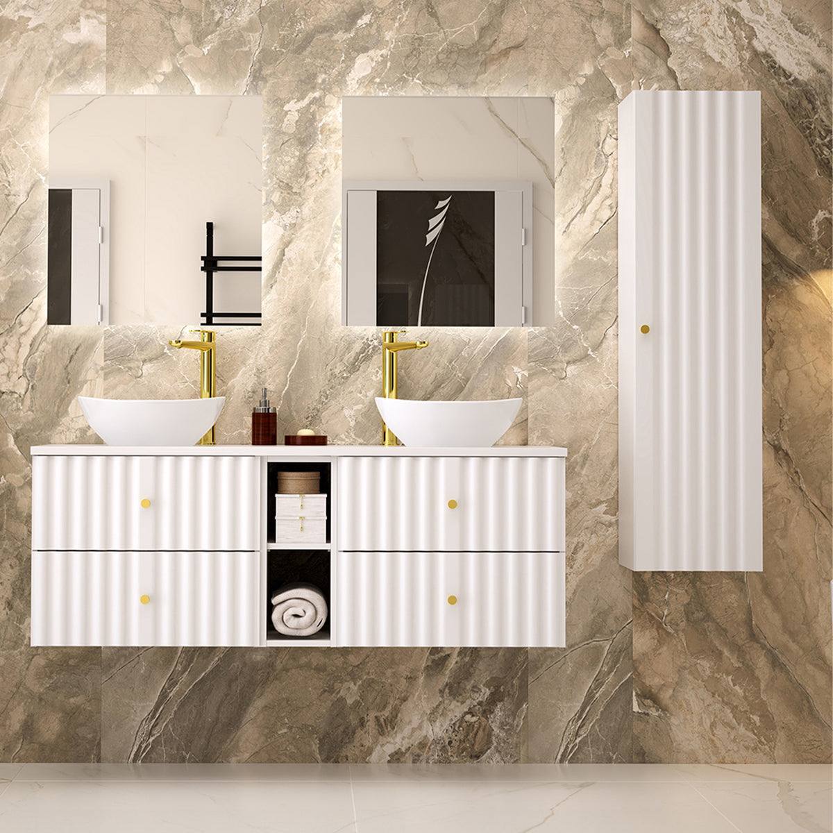 Meuble sous-vasque 140cm 2 niches plan de toilette Izae Blanc - vue 6