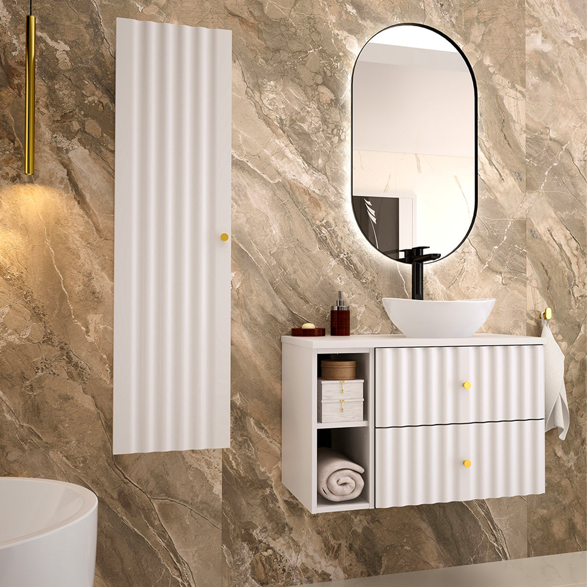 Meuble simple vasque 80cm 2 niches Izae Blanc - vue 5