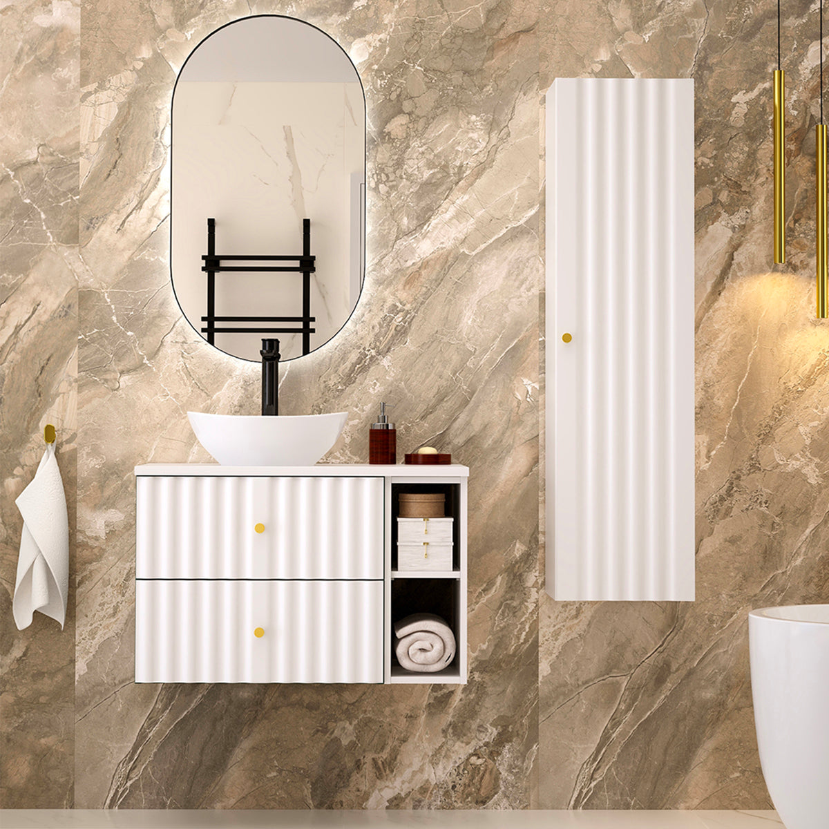Meuble simple vasque 80cm 2 niches Izae Blanc - vue 6