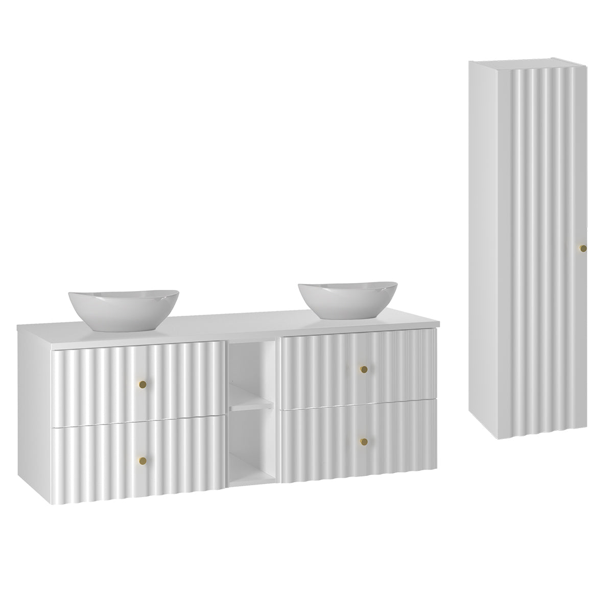 Ensemble meuble double vasque 140cm 2 niches et colonne Izae Blanc - vue 2