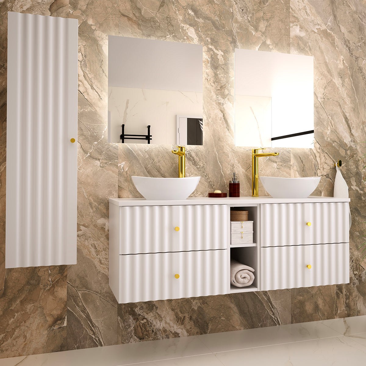 Ensemble meuble double vasque 140cm 2 niches et colonne Izae Blanc