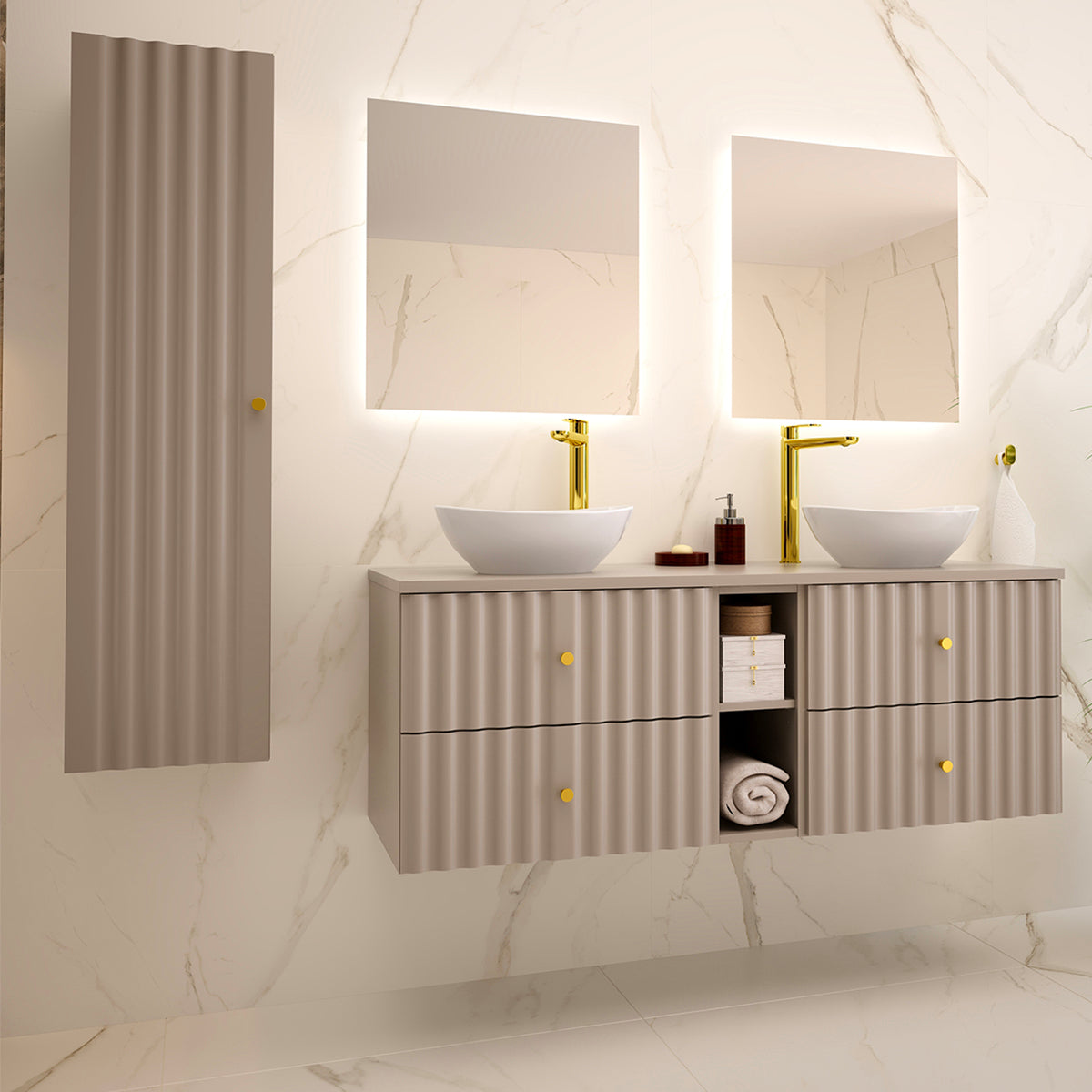 Ensemble meuble double vasque 140cm 2 niches et colonne Izae Cachemire
