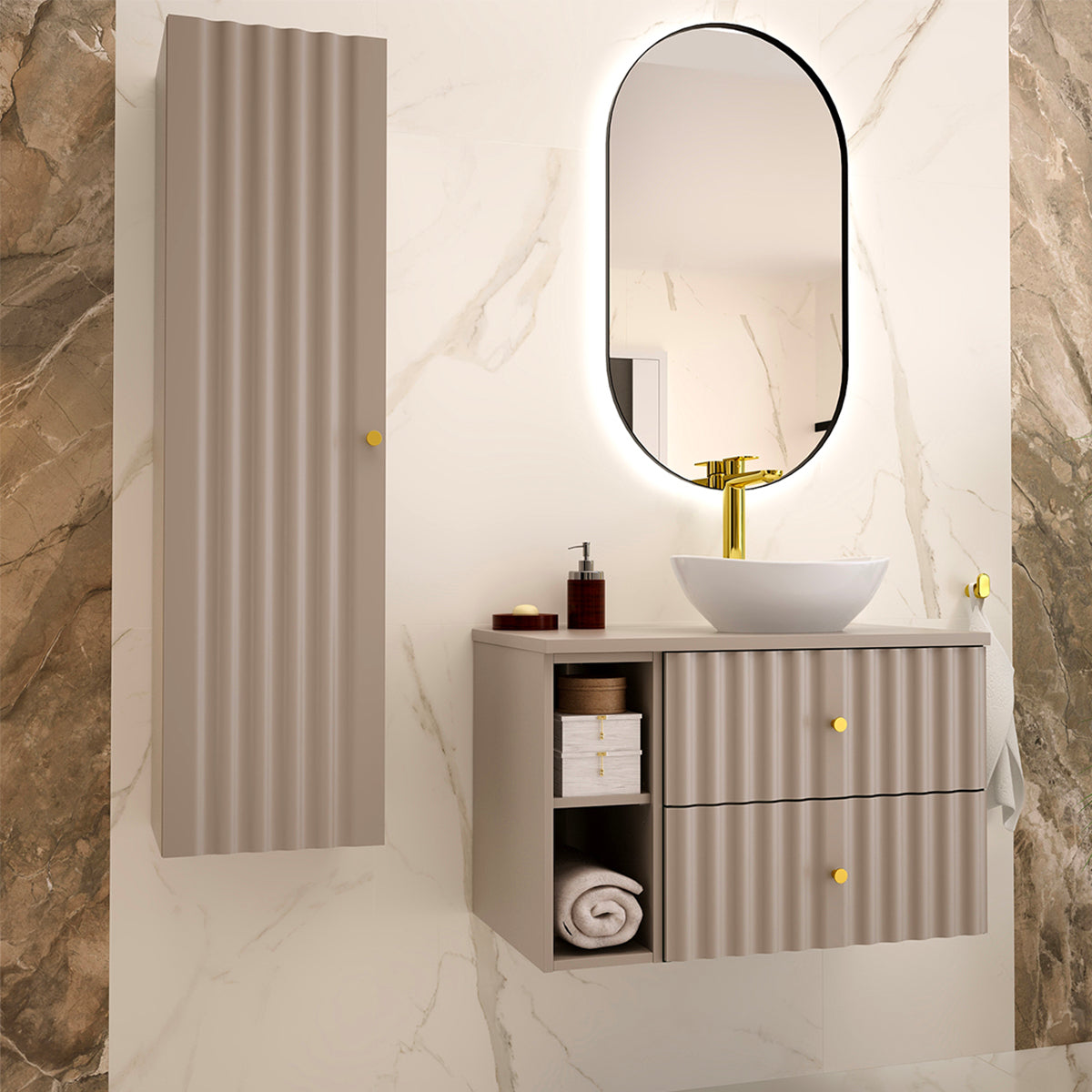 Ensemble meuble simple vasque 80cm 2 niches et colonne Izae Cachemire