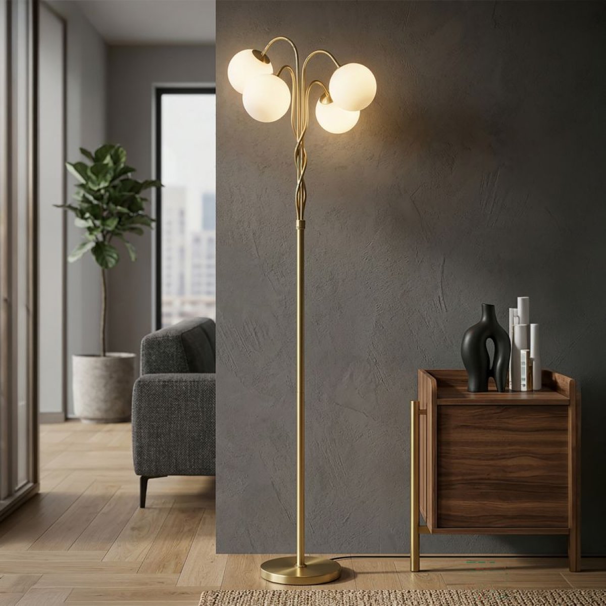 Lampadaire 4 globes en verre 176 cm Azélie Doré