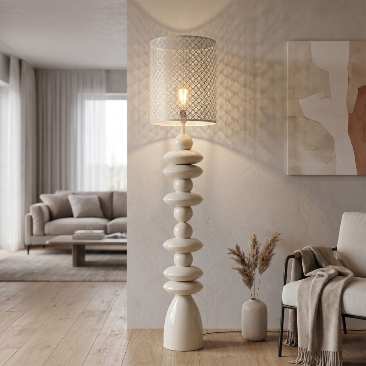Lampadaire abat-jour en métal 160 cm Noléa Crème