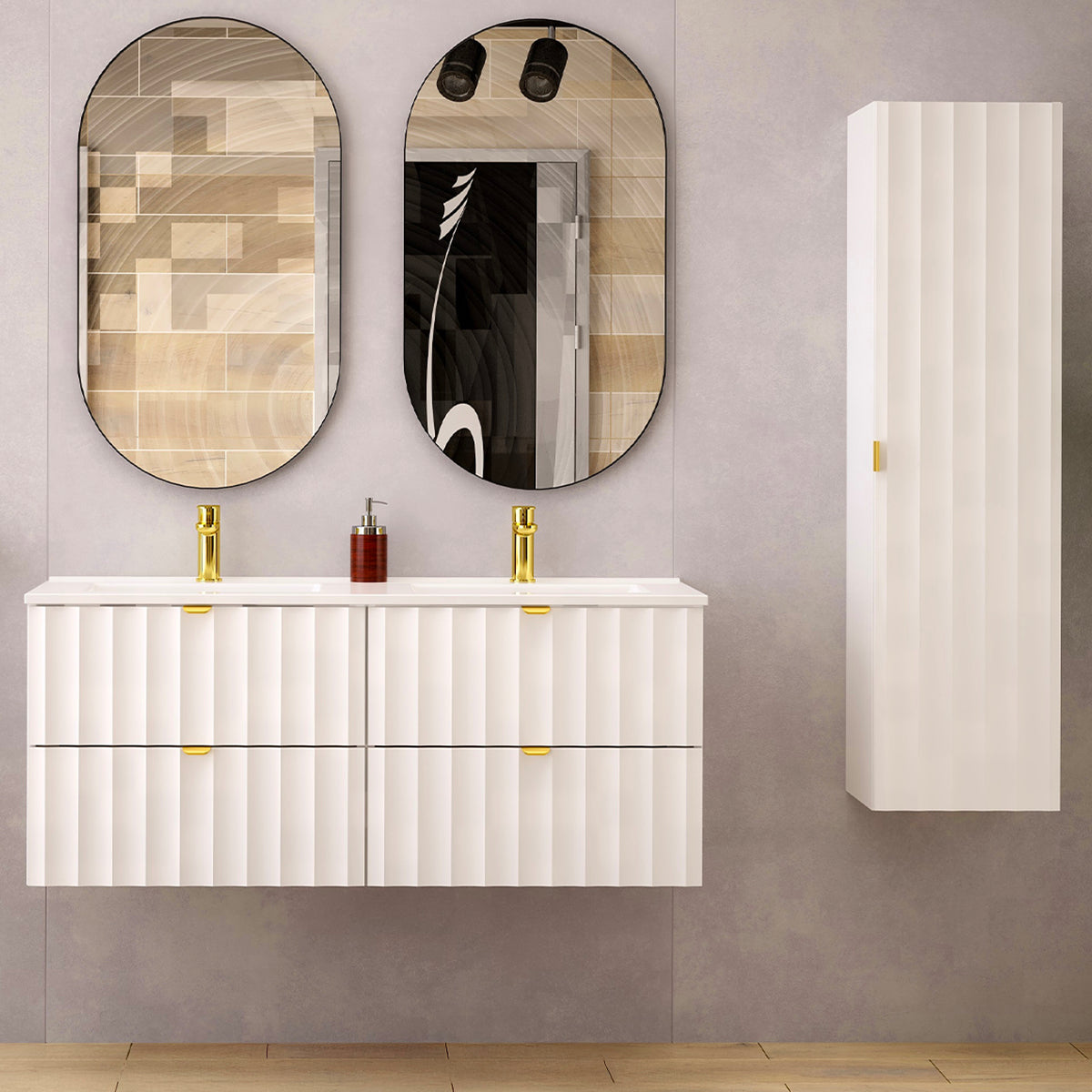 Ensemble meuble double vasque encastrée 120cm et colonne Lexa Blanc