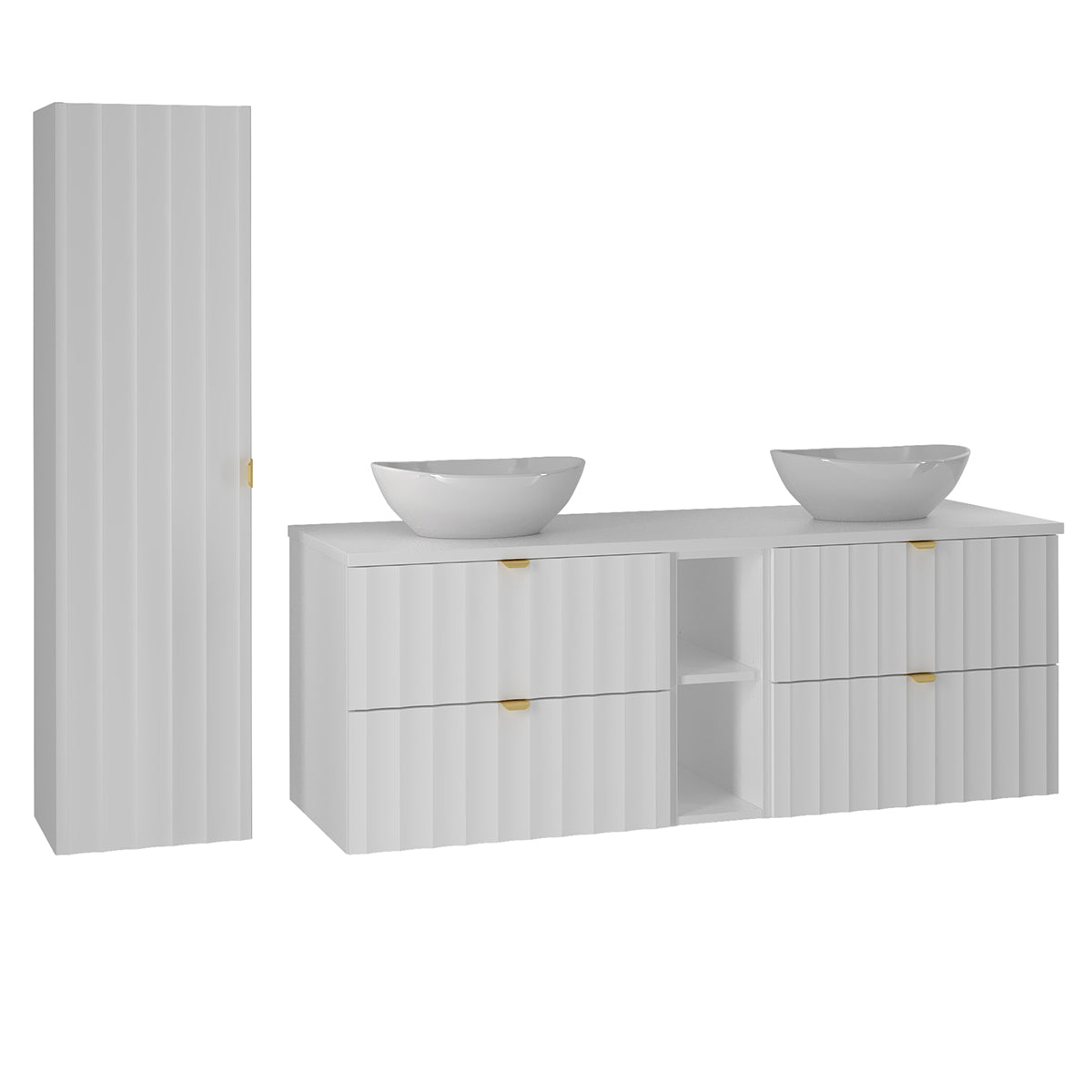 Ensemble meuble double vasque 140cm 2 niches et colonne Lexa Blanc - vue 2