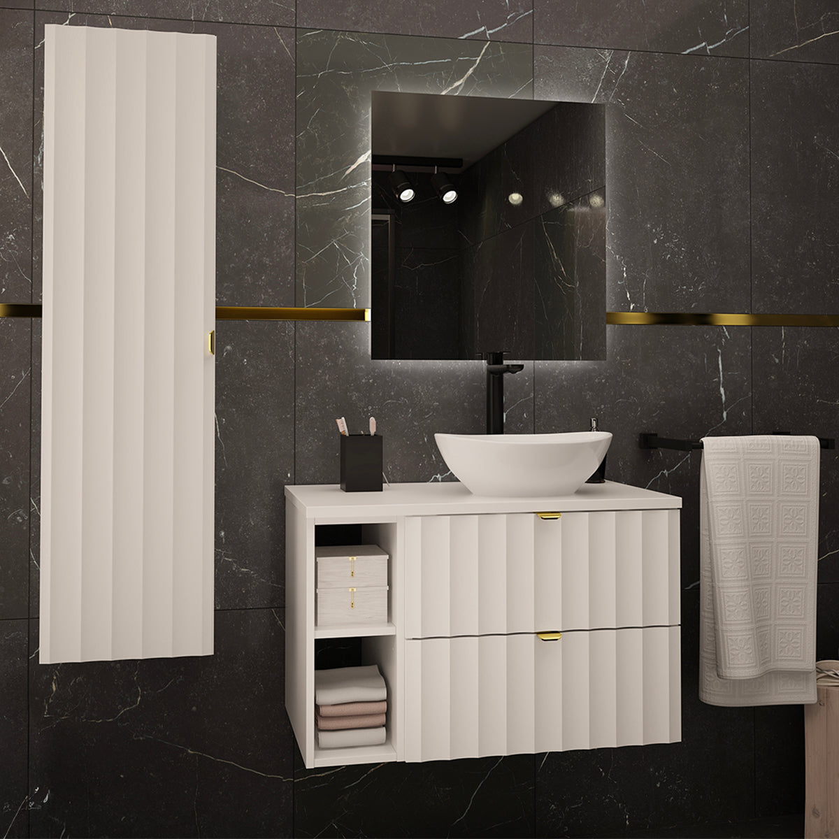 Ensemble meuble simple vasque 80cm 2 niches et colonne Lexa Blanc