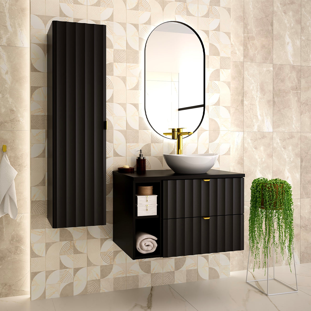 Meuble simple vasque 80cm 2 niches Lexa Noir - vue 5