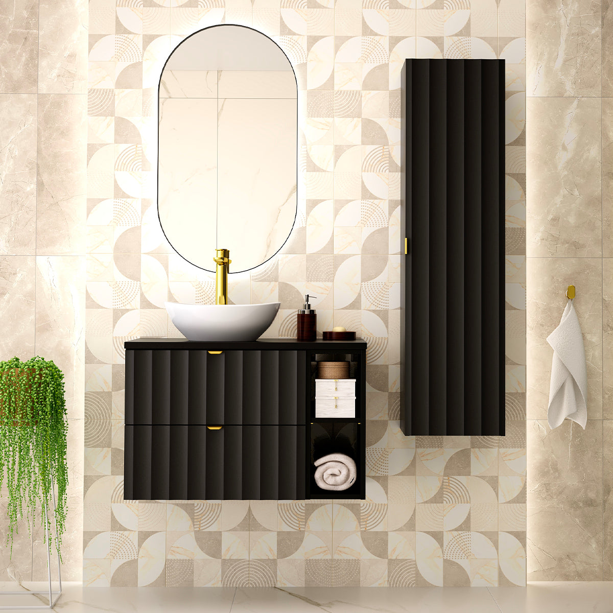 Meuble simple vasque 80cm 2 niches Lexa Noir - vue 6