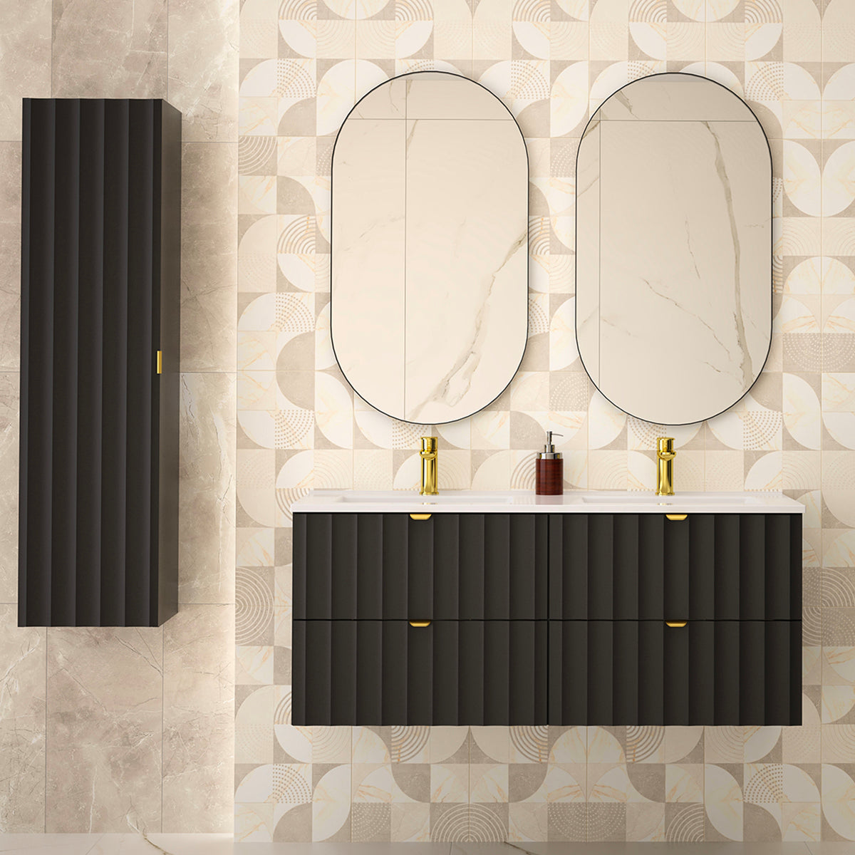 Ensemble meuble double vasque encastrée 120cm et colonne Lexa Noir