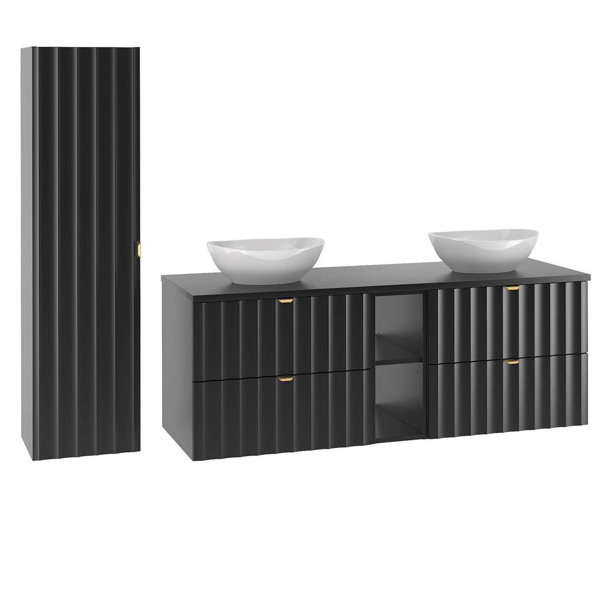 Ensemble meuble double vasque 140cm 2 niches et colonne Lexa Noir - vue 2