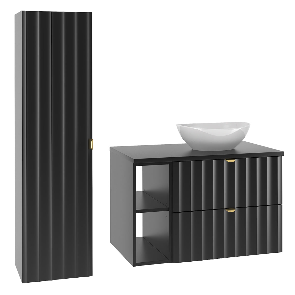 Ensemble meuble simple vasque 80cm 2 niches et colonne Lexa Noir - vue 2