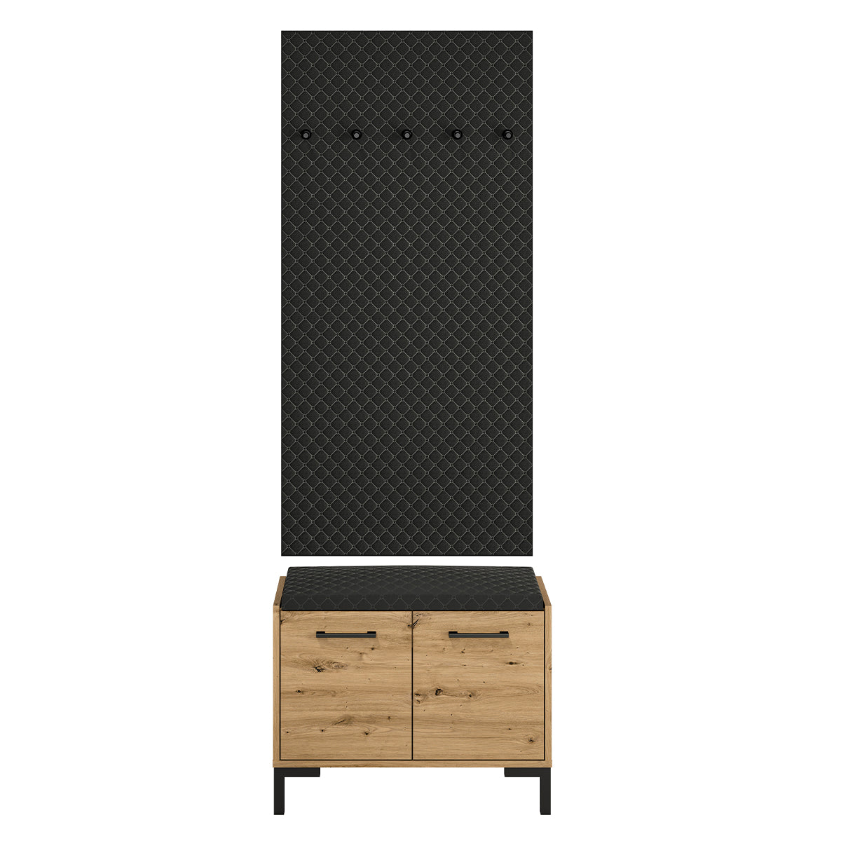 Meuble entrée porte-manteau et banc à chaussures 2 portes Liora Bois et Noir - vue 2