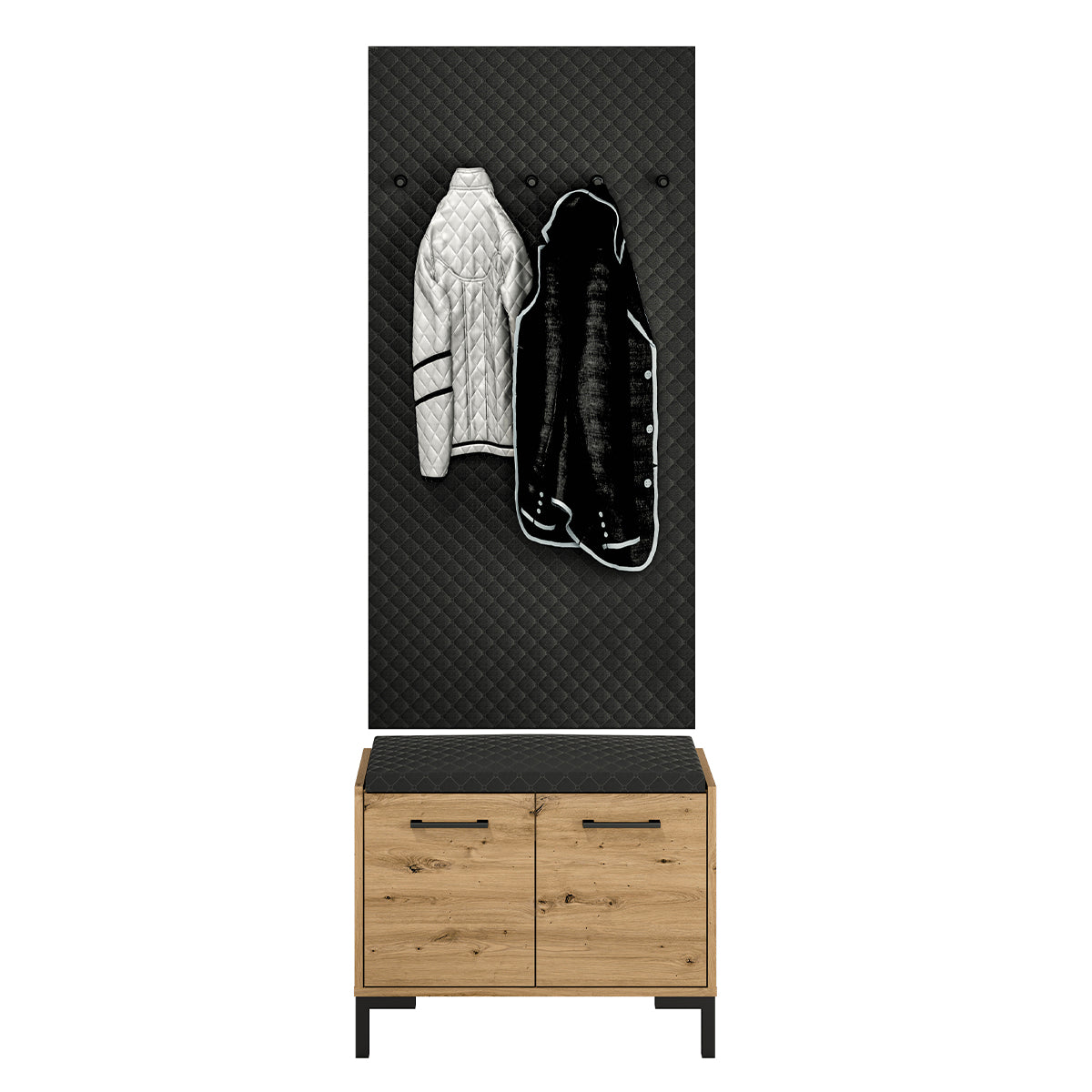 Meuble entrée porte-manteau et banc à chaussures 2 portes Liora Bois et Noir - vue 3