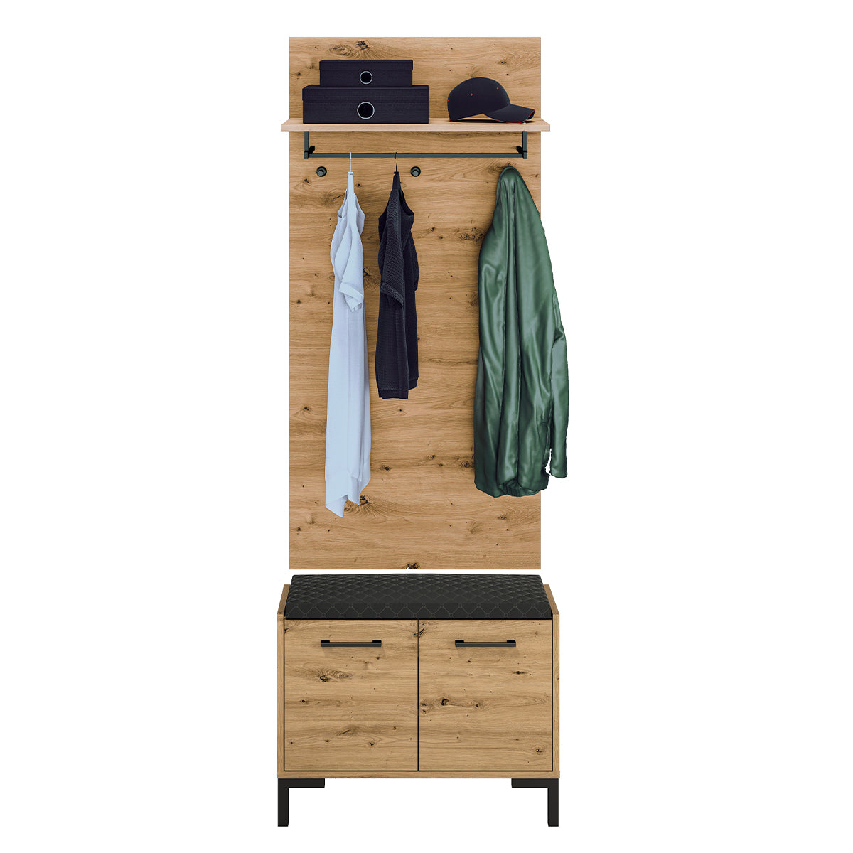 Meuble entrée porte-manteau et banc à chaussures 2 portes Liora Bois - vue 3