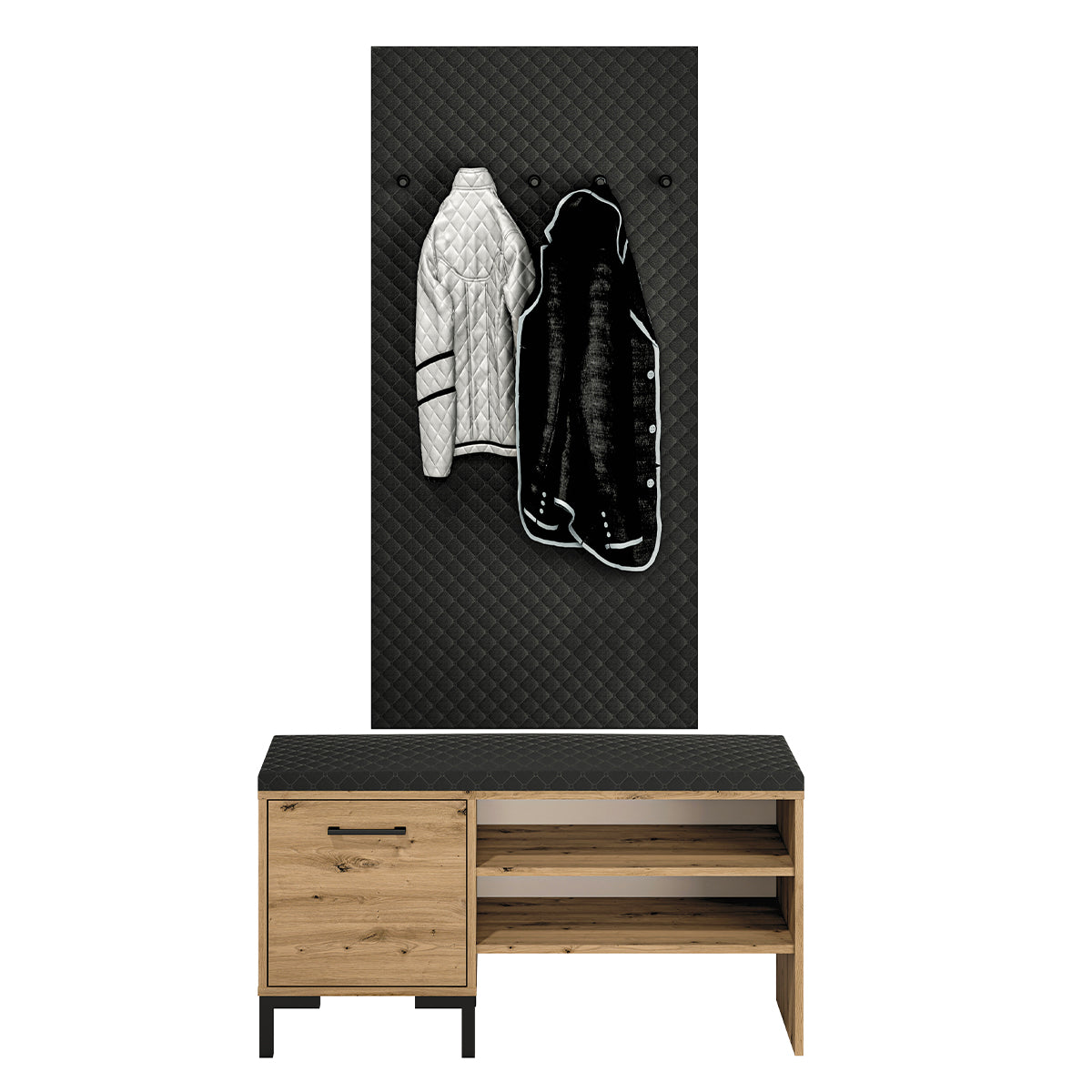Meuble entrée porte-manteau et banc à chaussures 1 porte Liora Bois et Noir - vue 3