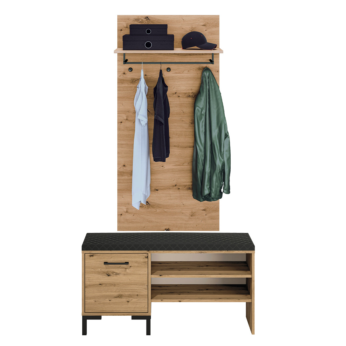 Meuble entrée porte-manteau et banc à chaussures 1 porte Liora Bois - vue 3