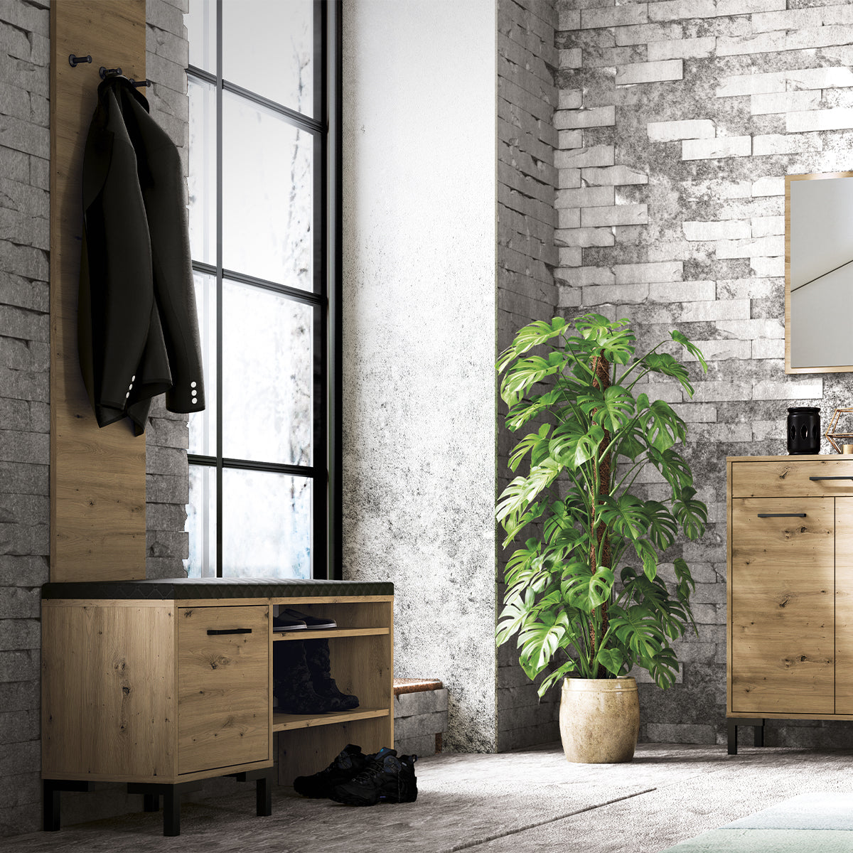 Meuble entrée petit porte-manteau et banc à chaussures 1 porte Liora Bois - vue 6