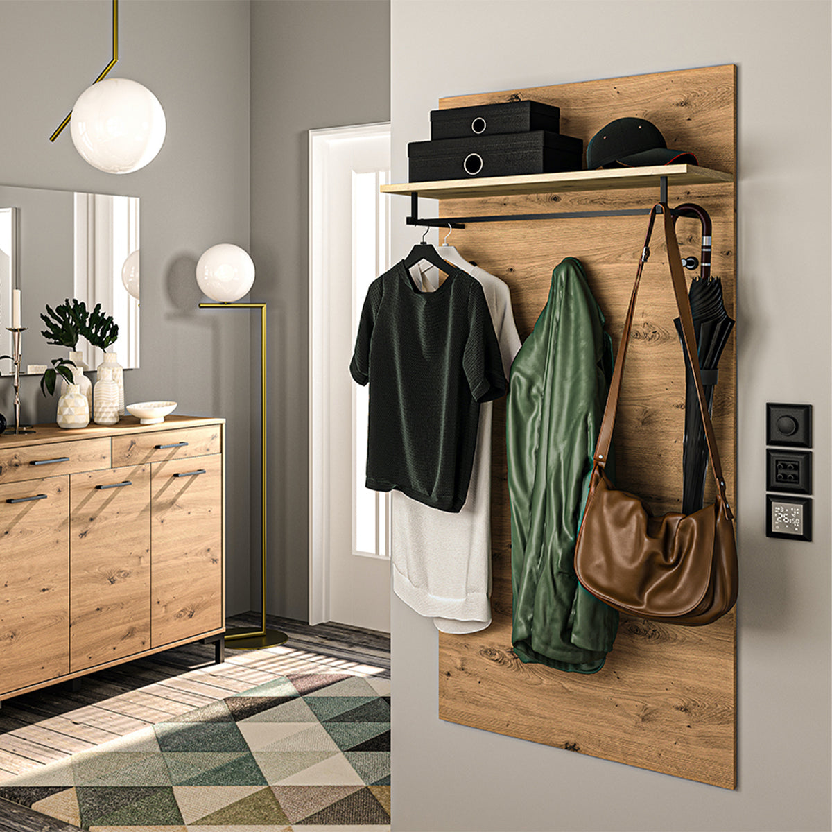 Porte-manteau mural 3 patères 1 étagère Liora Bois - vue 4