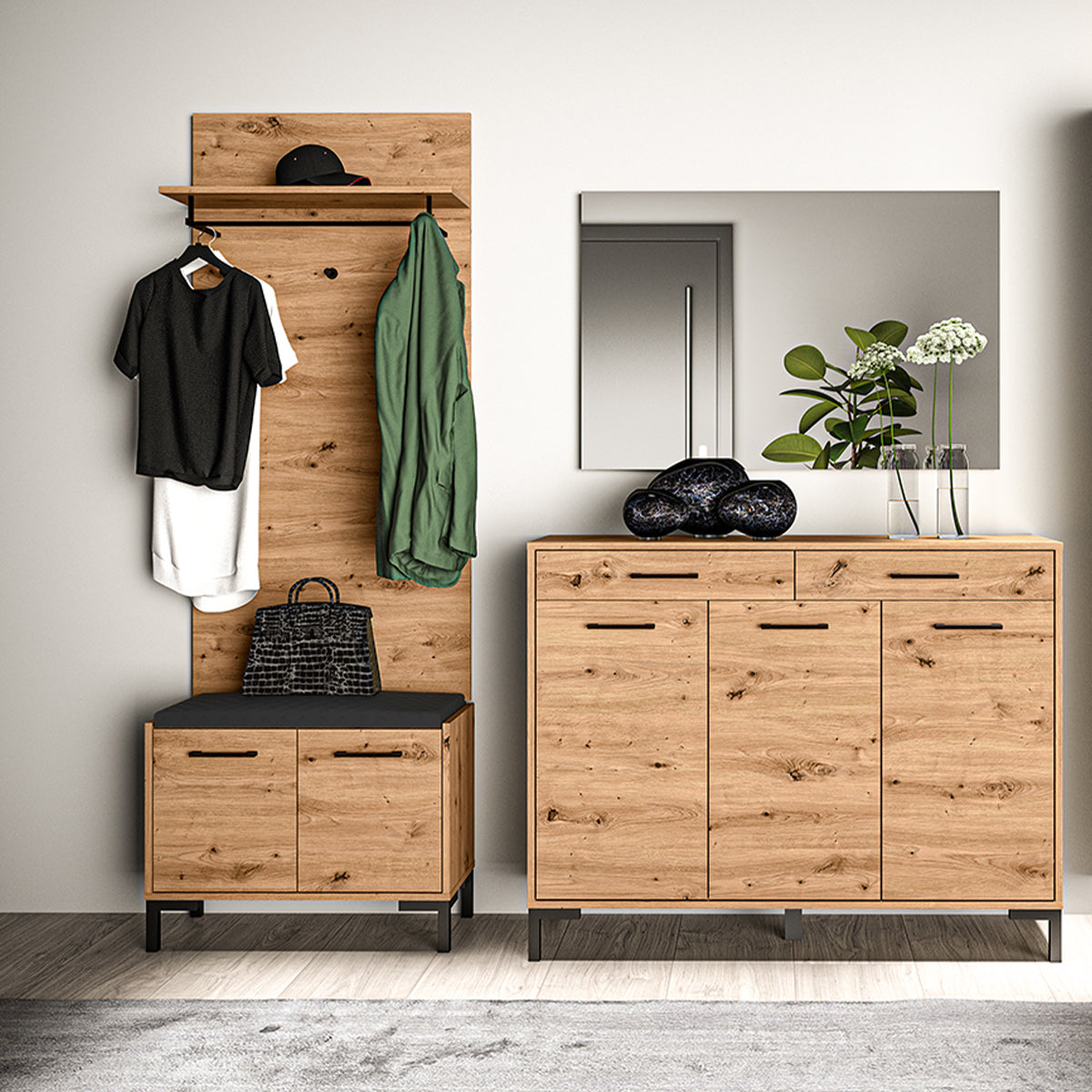 Porte-manteau mural 3 patères 1 étagère Liora Bois - vue 5
