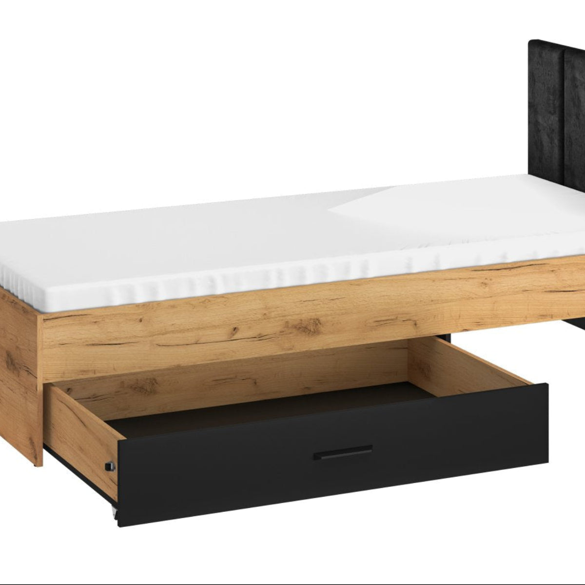 Lit 90x200 sommier et tiroir inclus Zoran Noir et Bois - vue 3