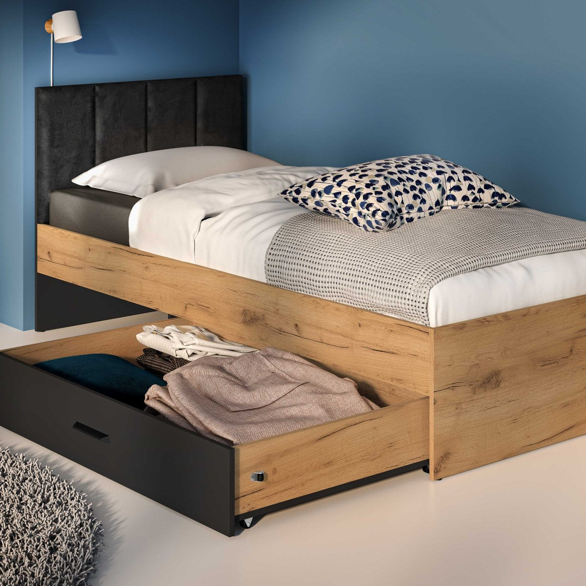 Lit 90x200 sommier et tiroir inclus Zoran Noir et Bois - vue 4