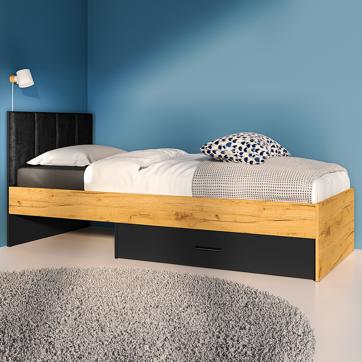Lit 90x200 sommier et tiroir inclus Zoran Noir et Bois