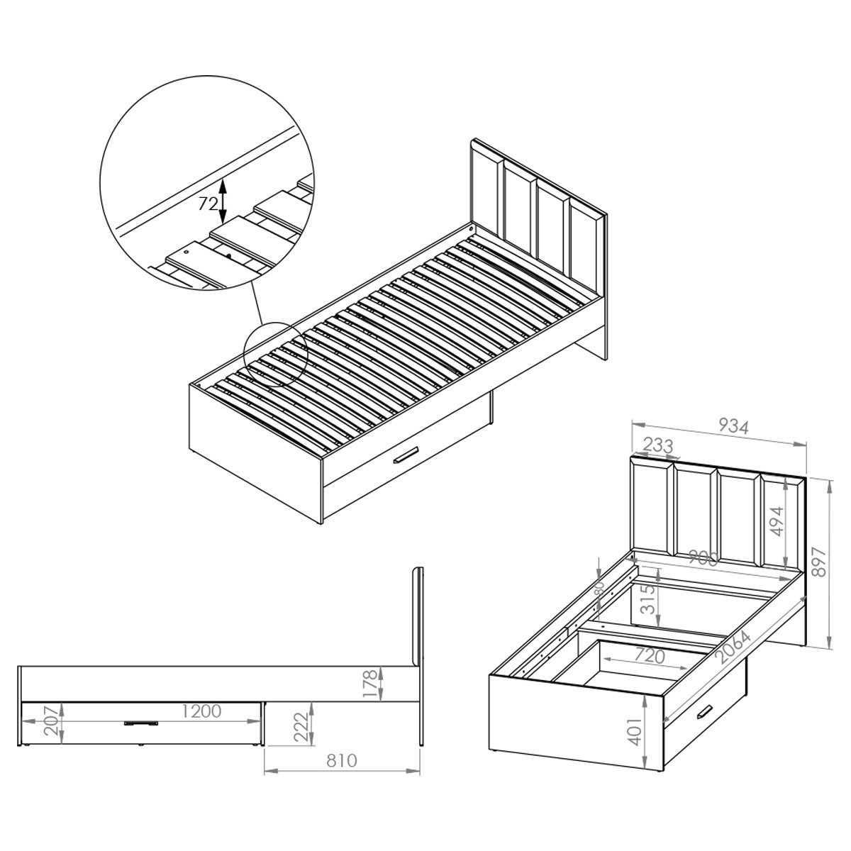 Lit 90x200 sommier et tiroir inclus Zoran Noir et Bois - vue 8