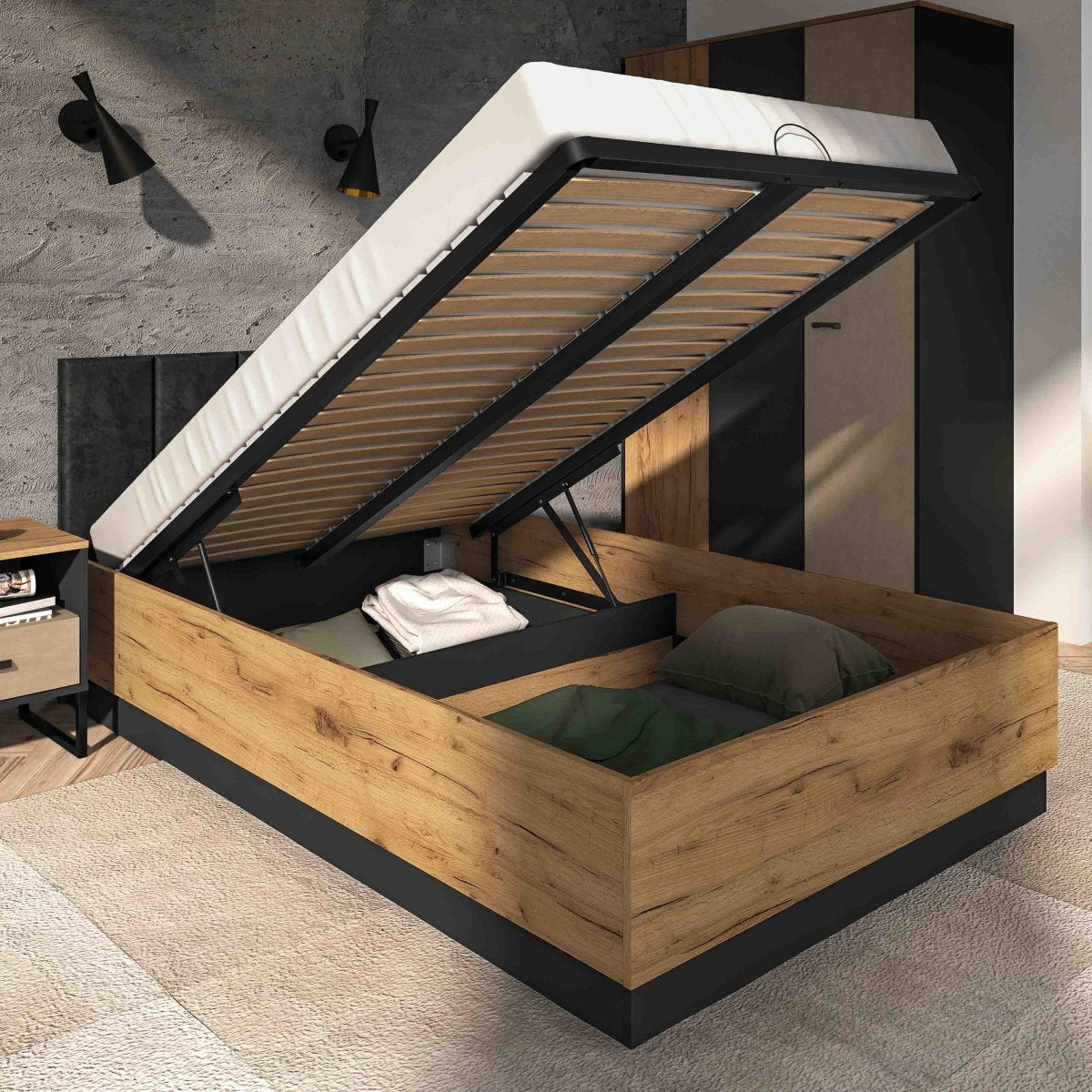 Lit coffre 120x200 sommier inclus Zoran Noir et Bois - vue 2