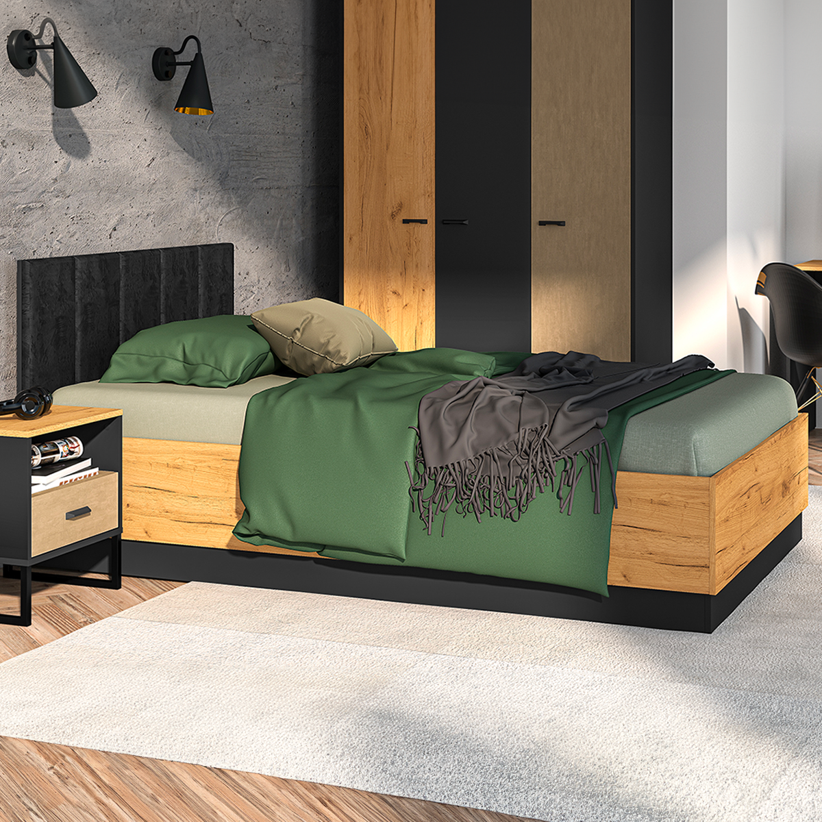 Lit coffre 120x200 sommier inclus Zoran Noir et Bois