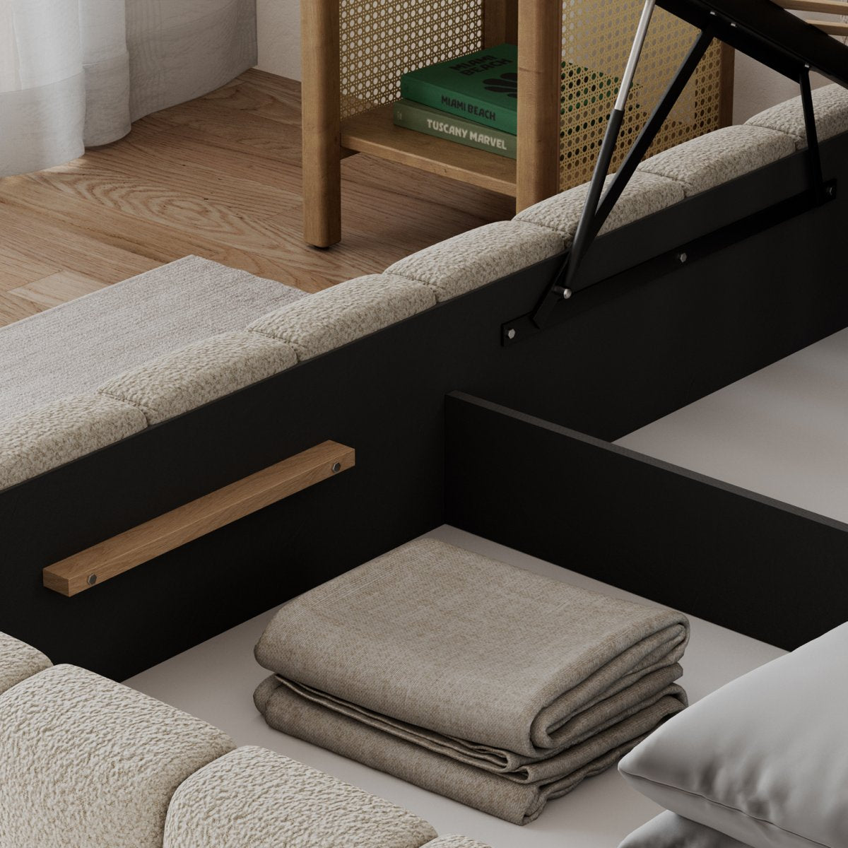 Lit coffre 140x200 sommier et LED inclus Auria Texturé Beige - vue 4