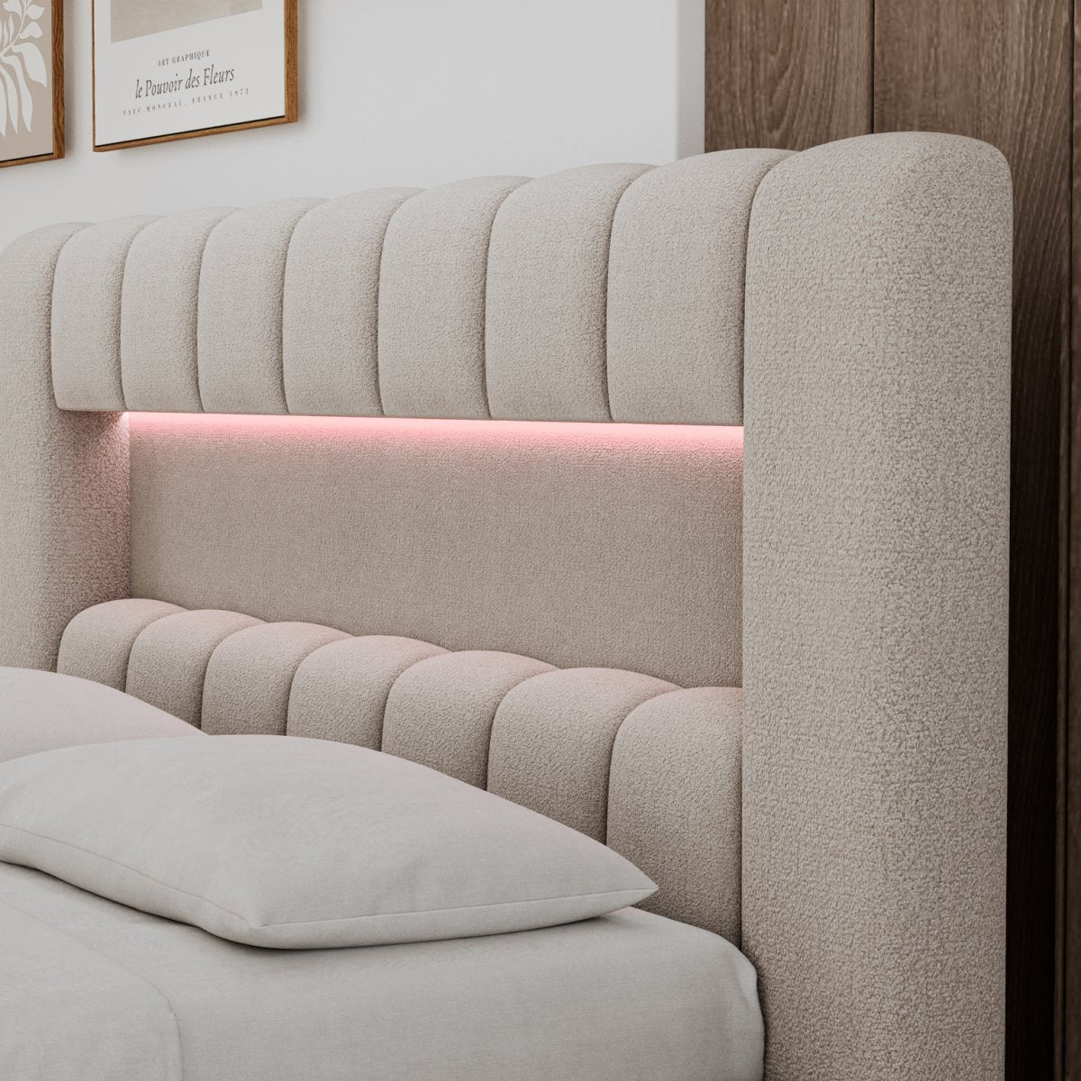 Lit coffre 140x200 sommier et LED inclus Auria Texturé Beige - vue 7