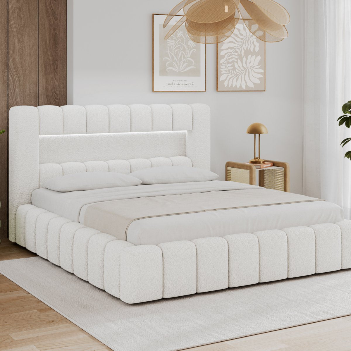 Lit coffre 140x200 sommier et LED inclus Auria Texturé Blanc