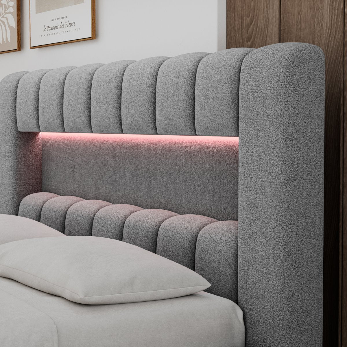 Lit coffre 140x200 sommier et LED inclus Auria Texturé Gris - vue 7