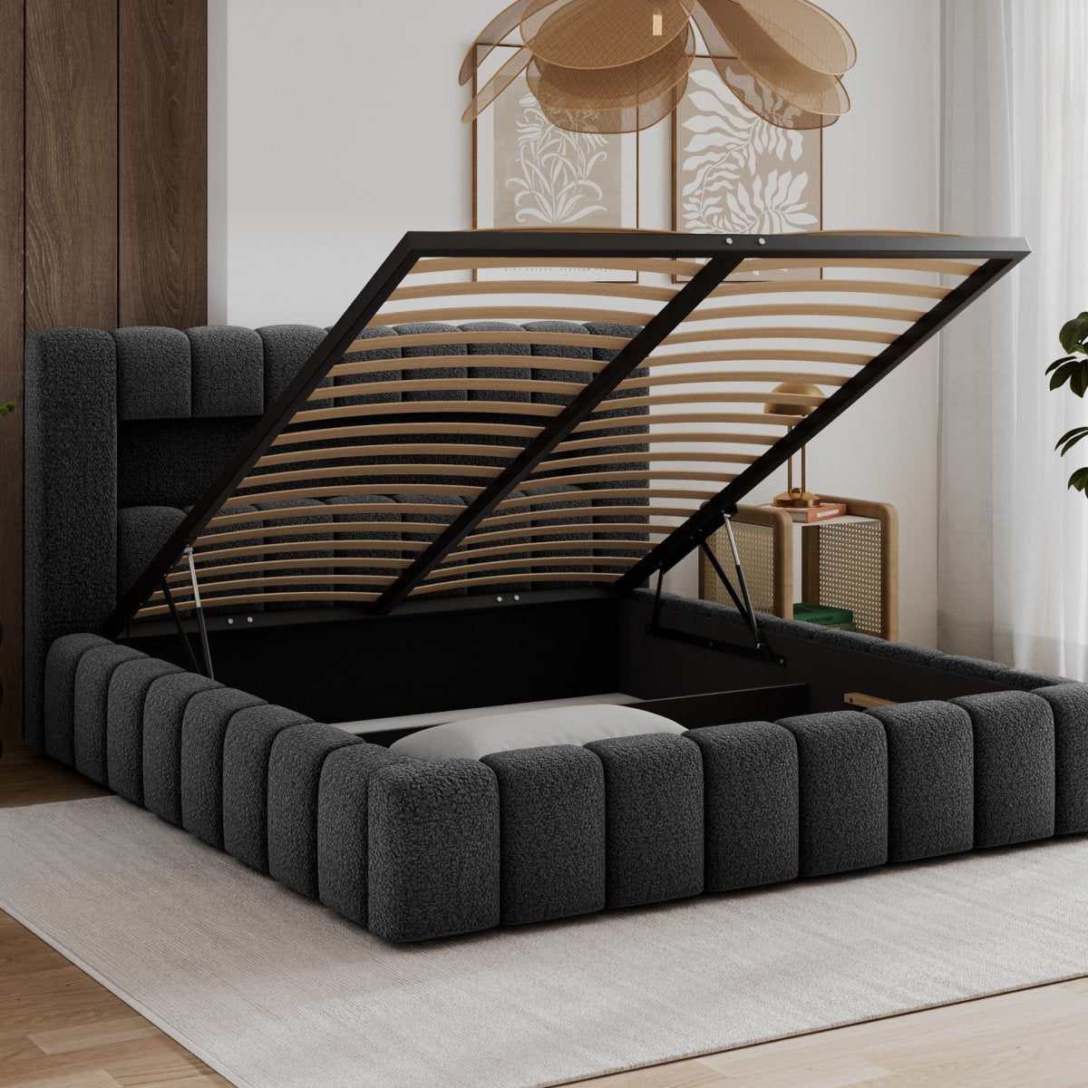 Lit coffre 140x200 sommier et LED inclus Auria Texturé Gris foncé - vue 3