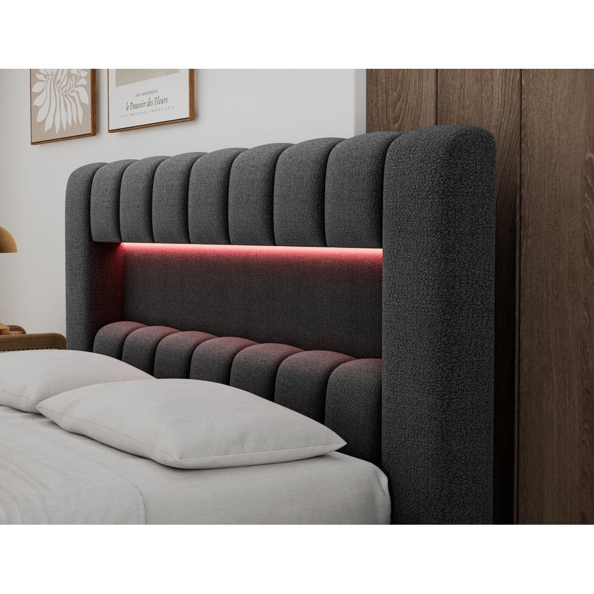 Lit coffre 140x200 sommier et LED inclus Auria Texturé Gris foncé - vue 7