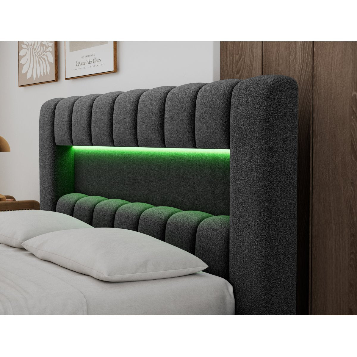 Lit coffre 140x200 sommier et LED inclus Auria Texturé Gris foncé - vue 8