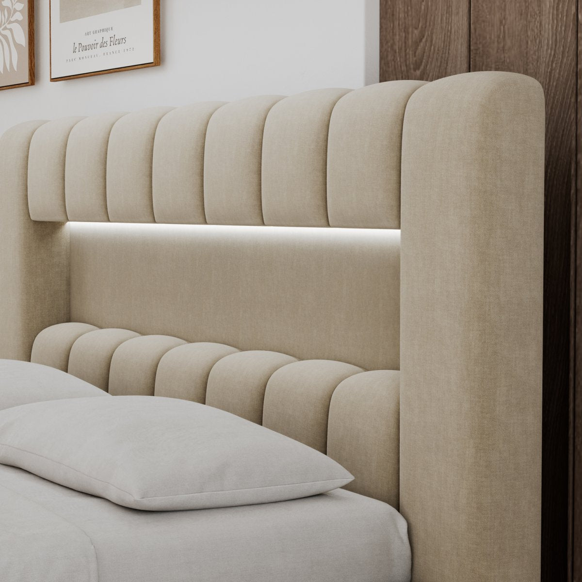 Lit coffre 140x200 sommier et LED inclus Auria Velours Beige - vue 6