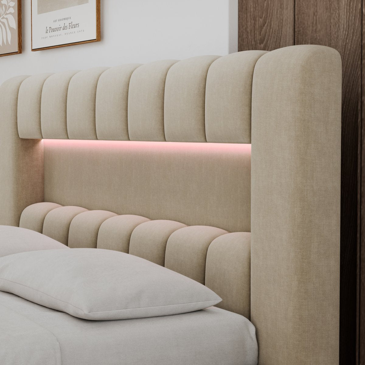 Lit coffre 140x200 sommier et LED inclus Auria Velours Beige - vue 7